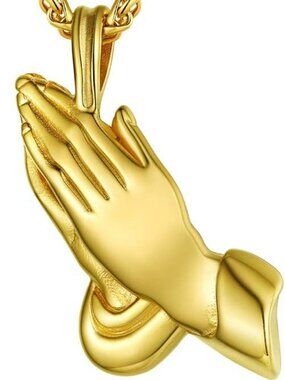 NEW Gold Praying Hands Necklace Chain Prayer Hands Stainless Steel Religious